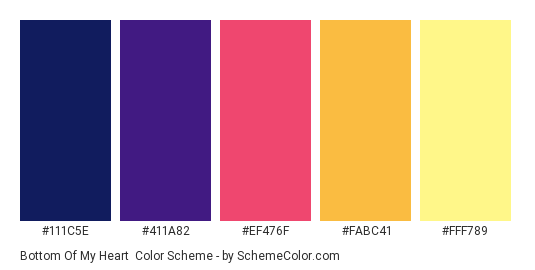 Bottom of My Heart - Color scheme palette thumbnail - #111C5E #411A82 #EF476F #FABC41 #FFF789 