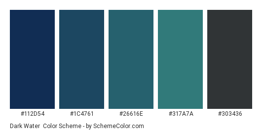 Dark Water - Color scheme palette thumbnail - #112D54 #1C4761 #26616E #317A7A #303436 