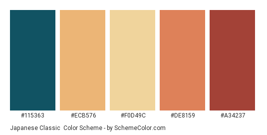 Japanese Classic - Color scheme palette thumbnail - #115363 #ECB576 #F0D49C #DE8159 #A34237 