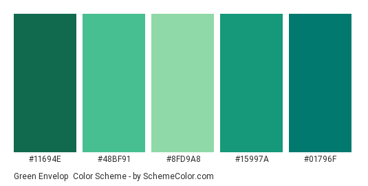 Green Envelop - Color scheme palette thumbnail - #11694E #48BF91 #8FD9A8 #15997A #01796F 