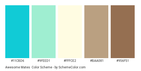 Awesome Mates - Color scheme palette thumbnail - #11cbd6 #9feed1 #fffce2 #baa081 #956f51 