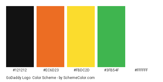 GoDaddy Logo - Color scheme palette thumbnail - #121212 #ec6d23 #fbdc2d #3fb54f #ffffff 