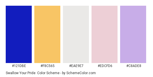 Swallow Your Pride - Color scheme palette thumbnail - #121dbe #f8c565 #eae9e7 #edcfd6 #c8ade8 