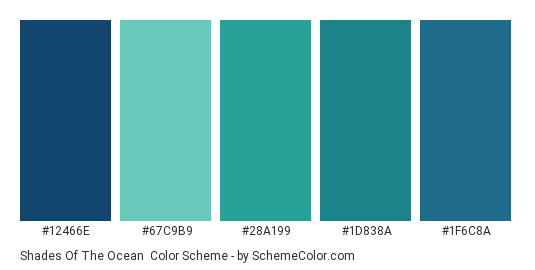 Shades of the Ocean - Color scheme palette thumbnail - #12466E #67C9B9 #28A199 #1D838A #1F6C8A 