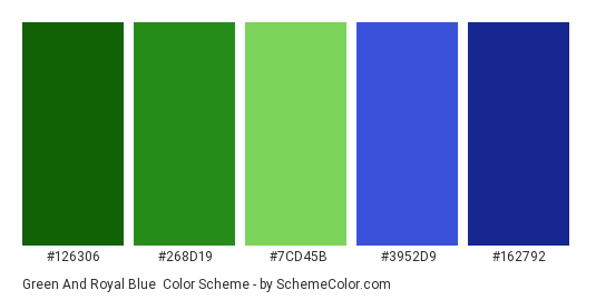 Green and Royal Blue - Color scheme palette thumbnail - #126306 #268d19 #7cd45b #3952d9 #162792 