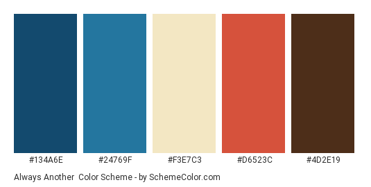 Always Another - Color scheme palette thumbnail - #134A6E #24769F #F3E7C3 #D6523C #4D2E19 