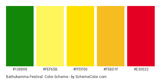 Bathukamma Festival - Color scheme palette thumbnail - #138808 #FEF65B #FFDF00 #F5BD1F #E30022 
