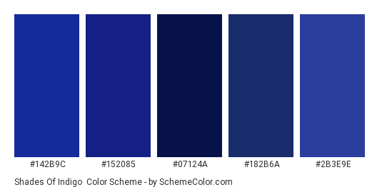 Shades of Indigo - Color scheme palette thumbnail - #142B9C #152085 #07124a #182B6A #2B3E9E 