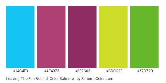 Leaving the Fun Behind - Color scheme palette thumbnail - #14c4f3 #af4073 #8f2c63 #cddc29 #67b72d 