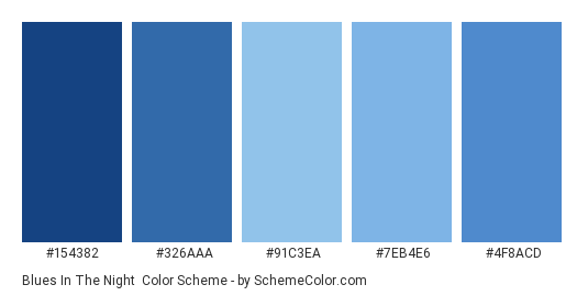 Blues In The Night - Color scheme palette thumbnail - #154382 #326aaa #91c3ea #7eb4e6 #4f8acd 