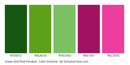 Green and Pink Pendant - Color scheme palette thumbnail - #155812 #5ea01a #7bc063 #a01361 #ec3e9c 