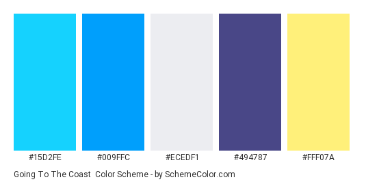 Going to the Coast - Color scheme palette thumbnail - #15D2FE #009FFC #ECEDF1 #494787 #FFF07A 