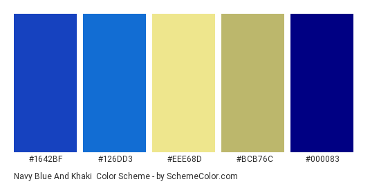 Navy Blue and Khaki - Color scheme palette thumbnail - #1642bf #126dd3 #eee68d #bcb76c #000083 