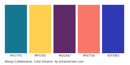 Messy Collaboration - Color scheme palette thumbnail - #167793 #FFCF50 #602A67 #F8776A #2F39B3 