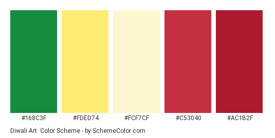 Diwali Art - Color scheme palette thumbnail - #168c3f #fded74 #fcf7cf #c53040 #ac1b2f 