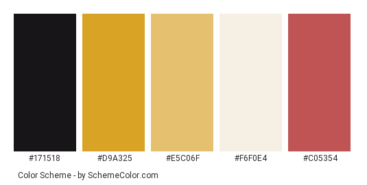 Carnival Fun - Color scheme palette thumbnail - #171518 #D9A325 #E5C06F #F6F0E4 #C05354 
