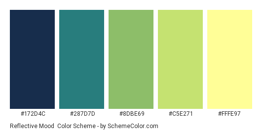 Reflective Mood - Color scheme palette thumbnail - #172d4c #287d7d #8dbe69 #c5e271 #fffe97 