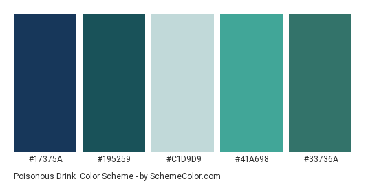 Poisonous Drink - Color scheme palette thumbnail - #17375A #195259 #C1D9D9 #41A698 #33736A 