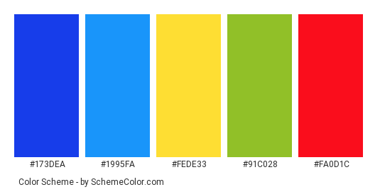 Colourful Textiles - Color scheme palette thumbnail - #173dea #1995fa #fede33 #91c028 #fa0d1c 