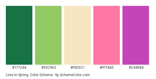 Love in Spring - Color scheme palette thumbnail - #177244 #93C963 #F5E5C1 #FF78A5 #C445B8 