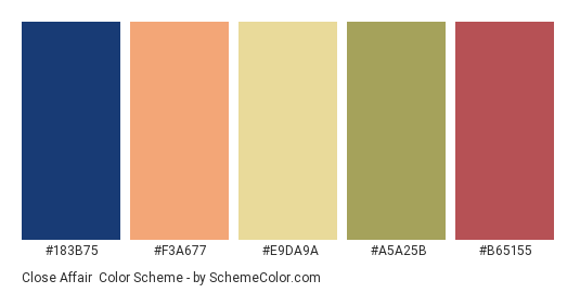 Close Affair - Color scheme palette thumbnail - #183b75 #f3a677 #e9da9a #a5a25b #b65155 