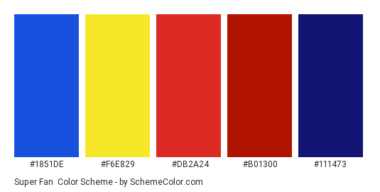 Super Fan - Color scheme palette thumbnail - #1851de #f6e829 #db2a24 #b01300 #111473 