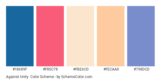 Against Unity - Color scheme palette thumbnail - #18689F #F85C78 #FBE6CD #FECAA0 #798DCD 