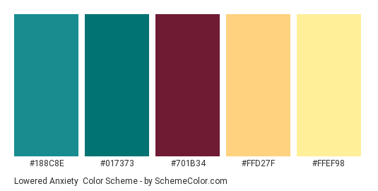 Lowered Anxiety - Color scheme palette thumbnail - #188C8E #017373 #701B34 #FFD27F #FFEF98 