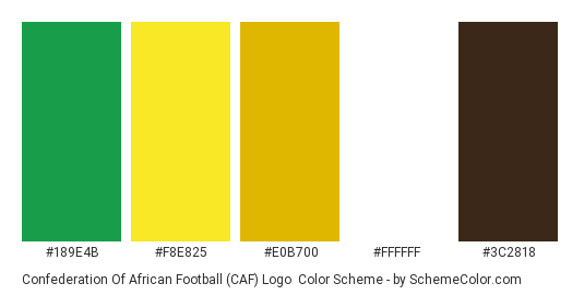 Confederation of African Football (CAF) Logo - Color scheme palette thumbnail - #189e4b #f8e825 #e0b700 #ffffff #3c2818 