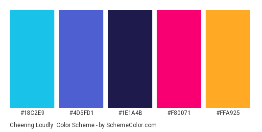 Cheering Loudly - Color scheme palette thumbnail - #18C2E9 #4D5FD1 #1E1A4B #F80071 #FFA925 