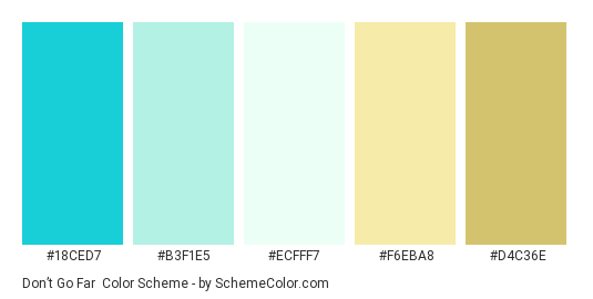 Don’t Go Far - Color scheme palette thumbnail - #18CED7 #B3F1E5 #ECFFF7 #F6EBA8 #D4C36E 