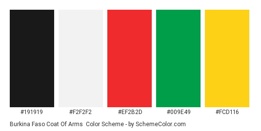 Burkina Faso Coat of Arms - Color scheme palette thumbnail - #191919 #f2f2f2 #ef2b2d #009e49 #fcd116 