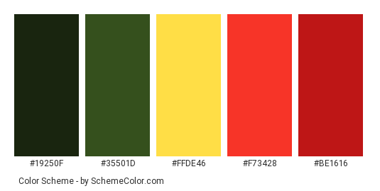 Poinsettia Flower - Color scheme palette thumbnail - #19250f #35501d #ffde46 #f73428 #be1616 