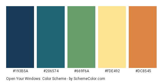 Open Your Windows - Color scheme palette thumbnail - #193B5A #206574 #669F6A #FDE492 #DC8545 