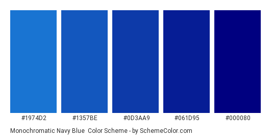Monochromatic Navy Blue - Color scheme palette thumbnail - #1974D2 #1357BE #0D3AA9 #061D95 #000080 