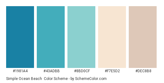 Simple Ocean Beach - Color scheme palette thumbnail - #1981a4 #43adbb #8bd0cf #f7e5d2 #dec8b8 