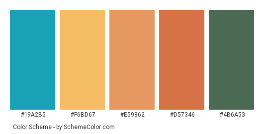 Sunflower Girl - Color scheme palette thumbnail - #19a2b5 #f6bd67 #e59862 #d57346 #4b6a53 