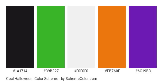 Cool Halloween - Color scheme palette thumbnail - #1A171A #39B327 #F0F0F0 #EB760E #6C19B3 