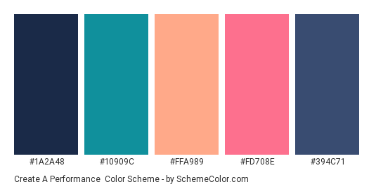 Create a Performance - Color scheme palette thumbnail - #1A2A48 #10909C #FFA989 #FD708E #394C71 