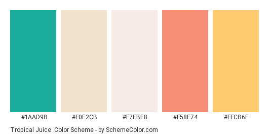 Tropical Juice - Color scheme palette thumbnail - #1AAD9B #F0E2CB #F7EBE8 #F58E74 #FFCB6F 
