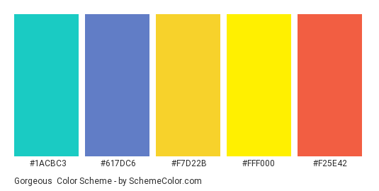 Gorgeous - Color scheme palette thumbnail - #1ACBC3 #617DC6 #F7D22B #FFF000 #F25E42 