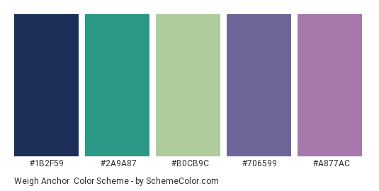 Weigh Anchor - Color scheme palette thumbnail - #1B2F59 #2A9A87 #b0cb9c #706599 #a877ac 