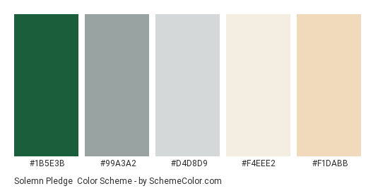 Solemn Pledge - Color scheme palette thumbnail - #1B5E3B #99A3A2 #D4D8D9 #F4EEE2 #F1DABB 