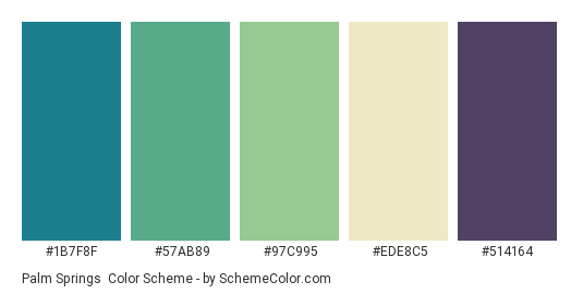 Palm Springs - Color scheme palette thumbnail - #1B7F8F #57AB89 #97C995 #EDE8C5 #514164 