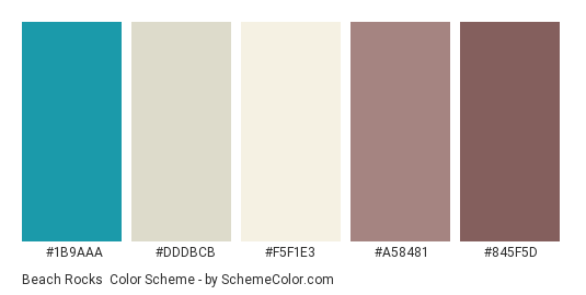 Beach Rocks - Color scheme palette thumbnail - #1B9AAA #DDDBCB #F5F1E3 #A58481 #845F5D 