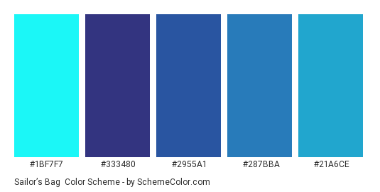 Sailor’s Bag - Color scheme palette thumbnail - #1BF7F7 #333480 #2955A1 #287BBA #21A6CE 