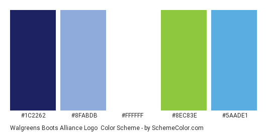 Walgreens Boots Alliance Logo - Color scheme palette thumbnail - #1C2262 #8FABDB #FFFFFF #8EC83E #5AADE1 