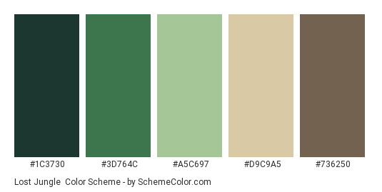 Lost Jungle - Color scheme palette thumbnail - #1C3730 #3D764C #A5C697 #D9C9A5 #736250 