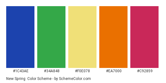 New Spring - Color scheme palette thumbnail - #1C43AE #34A848 #F0E078 #EA7000 #C92859 