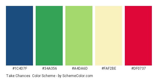 Take Chances - Color scheme palette thumbnail - #1C4D7F #34A356 #A4DA6D #FAF2BE #DF0737 